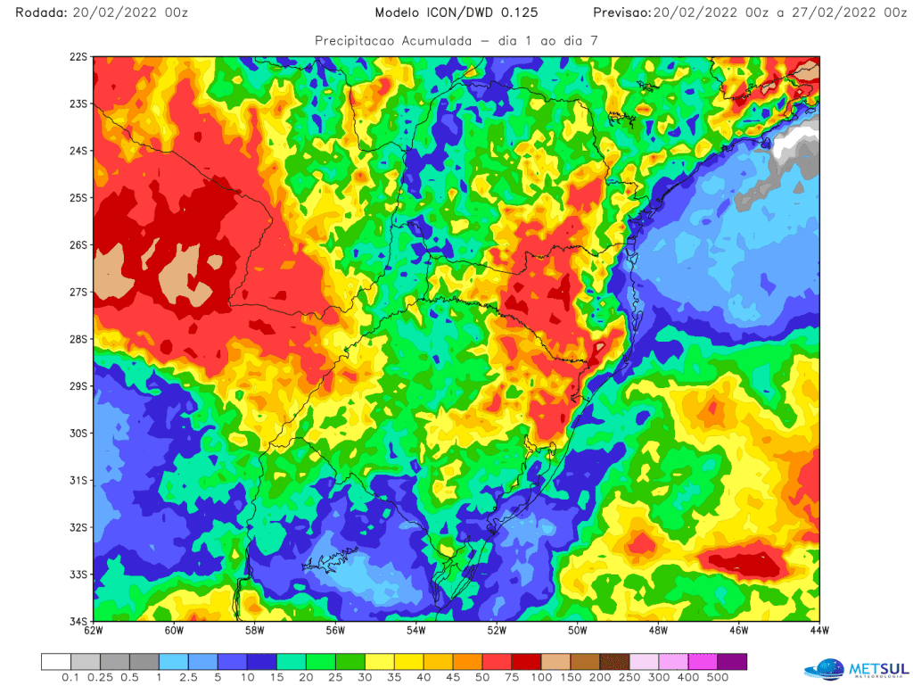 Mapa do modelo WRF em simulação atmosférica